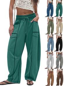 Women's Casual Cylinder Pants Wide Leg Casual Drawstring Sweatpants With Pockets - 綠色 - 查看 2