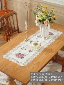 Polyester Linen Natural Table Runner, Pink Rose Cross-Stitch Embroidery, Double-Sided Wavy Hollow Crochet Lace Edge, Vintage Botanical Style Dining Table Coffee Table Tablecloth, Wedding Farmhouse Home Kitchen Decor - Multicolor - View 12