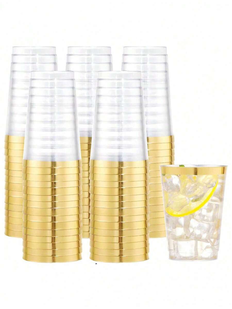 100pcs Gold Cups, 6.76oz Clear Cups With Gold Rim, Gold Beer Mugs, Hard Party Cups, Premium Gold Rimmed Cups, Ideal For Weddings And Parties