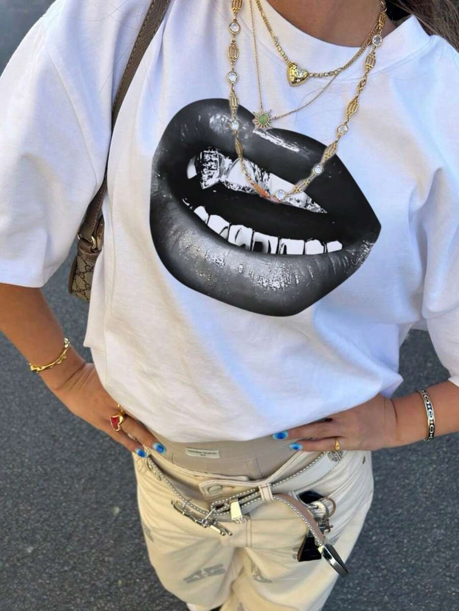 1 szt. Dziewczęca koszulka z nadrukiem w litery z okrągłym dekoltem i krótkim rękawem, prosta typografia angielska, która inspiruje wyobraźnię i samoekspresję, odzież dla uczniów na lato