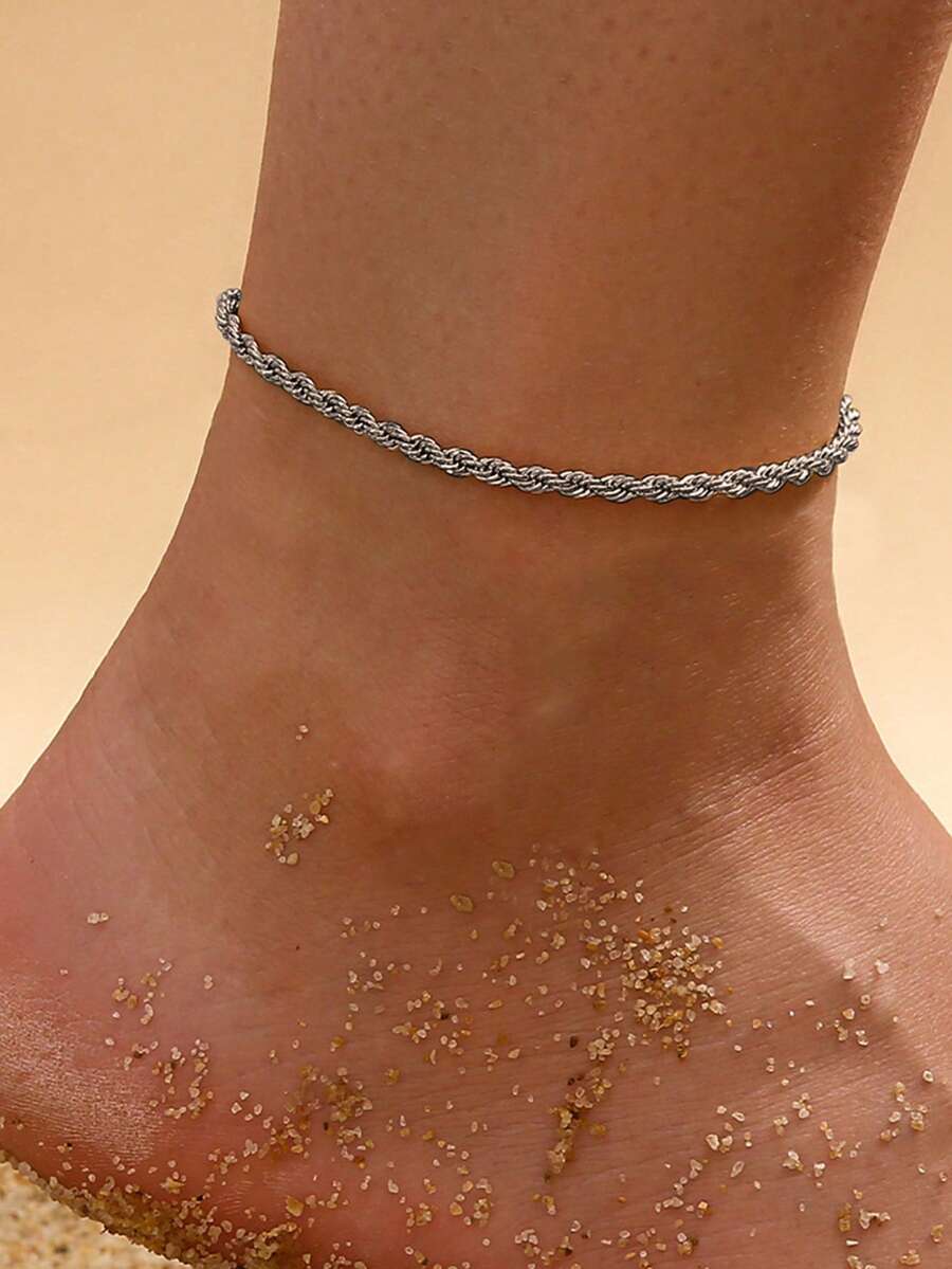 Nooxian 1pc Women's Stainless Steel Twisted Chain Anklet, Versatile Daily Accessory - Silver - View 1