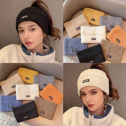 1 件秋冬针织发带，字母宽边羊毛帽带，马尾辫发带，运动发带