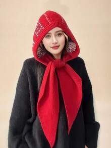 1pc Women Casual Geometric Floral Textured Warm Windproof Fluffy Thick Bohemian Style Knitted Hooded Scarf Shawl Neck Warmer, Suitable For Dates, Daily Wear, Shopping, Traveling, Matching - B - View 9