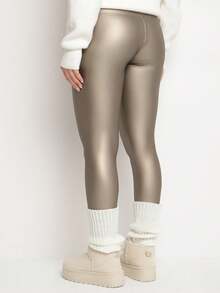 Quần legging da PU cạp cao bằng vải nỉ - Bạc - Xem 3