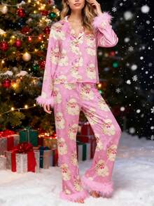 Women Y2k Silk Satin Christmas Pajamas Sets Xmas Tree/Santa Claus Print Plush Trim Long Sleeve Sleepwear Holiday Print Two Piece Pjs Pants PJs Set Loungewear - 粉色 - 查看 6