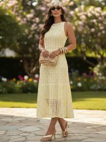 Lace Flared Dress, Beachwear, Elegant Style. - Yellow - View 4