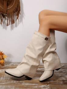 2025新款女士尖头过膝长靴，鲨鱼腿过膝长靴，时尚中筒靴，侧拉链 - 米色 - 查看 4