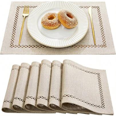 Farmhouse Burlap Style Placemats, Table Mats Set Of 6, 30x 45 Linen Style Rustic Geometric Hollow Place Mats, Heat Resistant Placemats Table, Kitchen, Dining - Coffee