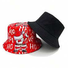 休闲卡通圣诞老人和驯鹿图案渔夫帽，Ho Ho印花，男女皆宜的圣诞派对渔夫帽 - A - 查看 7