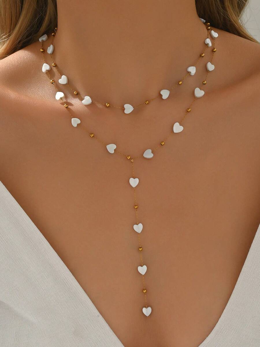 2pcs Stainless Steel Heart Shaped Beaded Necklace, Gold Plating Y-Shaped Chain Necklace, Cute Style Suitable For Dating Or Valentine's Day Gift For Your Loved One, Sexy Collarbone Chain Accessory - Gold - View 1