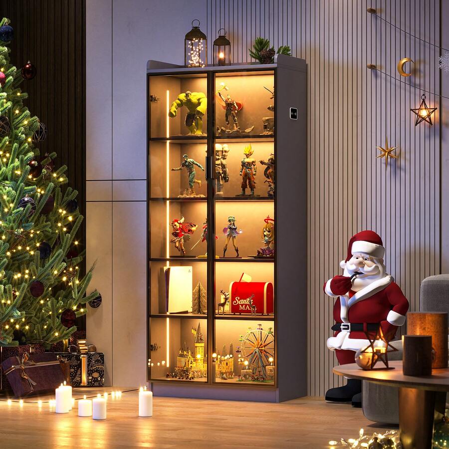 Display Cabinet With Adjustable Shelves, 65" Tall Bookcase With LED Lights/Human Sensor, 5 Tier Display Case For Collectibles Bedroom Living Room Office, Black - Transparent Acrylic Doors - Xem 1