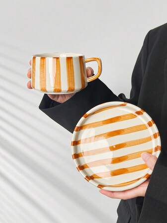 1pc/2pcs Minimalist Hand-Painted Brown Striped Ceramic Coffee Cup & Saucer Set, Practical Household Mug, Breakfast Cup, One Designed Niche Coffee Cup, One Ins-Style Creative Small Butterfly Dish, Snack Plate, Cake & Dessert Plate, Small Appetizer Plate, Afternoon Tea Tableware Set