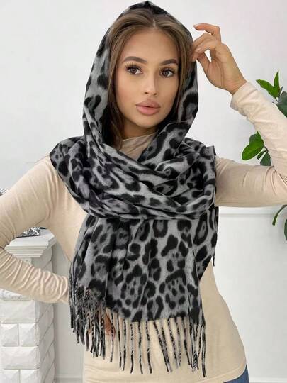 Cachecol feminino de cashmere sintético com estampa de leopardo e franjas (1 peça), ideal para o inverno. Xale grande, quente e confortável, perfeito para atividades ao ar livre e uso diário. Simples e versátil.