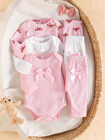 3pcs/Set Newborn Baby Girls Cute Bow Decor Long Sleeve Romper & Casual Pants With Pockets Outfit