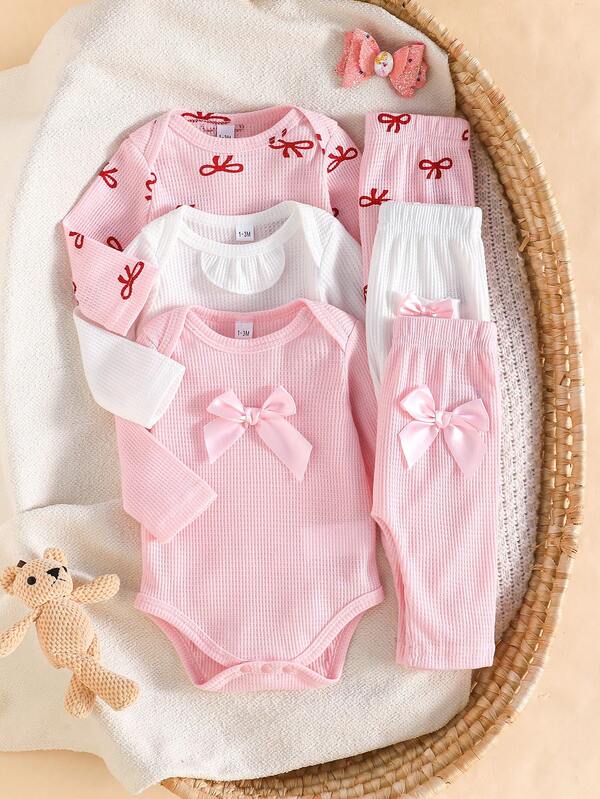3pcs/Set Newborn Baby Girls Cute Bow Decor Long Sleeve Romper & Casual Pants With Pockets Outfit
