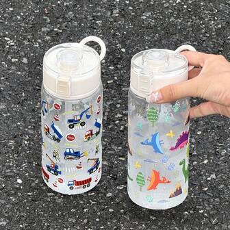 HILAKE 600 ml plastvattenflaska med dinosaurie- och biltryck, bärhandtag och fällbart lock – perfekt för sommarvätskeintag, utomhusaktiviteter, sport, gym, yoga, cykling, resor, perfekt juiceflaska för jul, skolstart och alla hjärtans dag