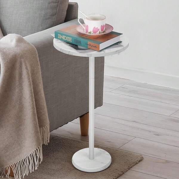 2025  Round End Table With Marble Base For Small Spaces - White Pedestal Side Table For Sofa, Couch, Chair, Patio