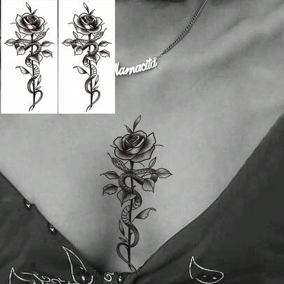 STARTTOOS 2张大号花卉手臂纹身贴纸 - 简约花朵蛇形缠绕式临时假纹身，适合DIY、动漫节、嘉年华、音乐节、情人节、派对礼物，防水逼真，可贴于性感的大腿、胸部、腹部、背部、肩膀、颈部、锁骨等部位。