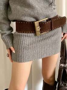 1 chiếc thắt lưng thời trang thắt eo bằng da lộn khóa lớn chất liệu PU màu nâu dành cho nữ phong cách cổ điển - Cà phê - Xem 4