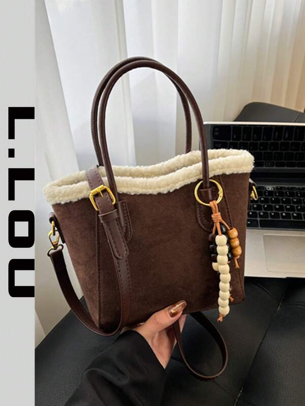 Receive A Free Accessory With Store Purchase. Vintage High-End Plush Underarm Bag, Matte Finish Bucket Bag With Lambswool Trim, 2025 New Large Capacity Women's Tote Bucket Bag In Suede Fabric, One Shoulder And Crossbody