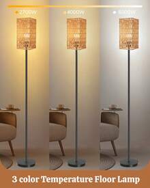 Floor Lamp For Living Room,Farmhouse Rattan Floor Lamp,Modern Standing Lamp With Hand-Worked Rattan Shade,Black Tall Lamp With Foot Switch (Square Shade) - Xem 2