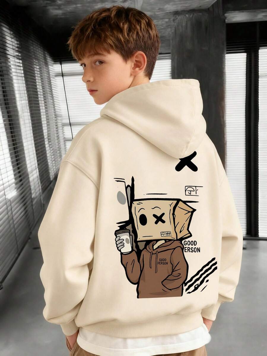 1pc Tween Boy Casual Printed Pullover Sweatshirt, Thermal Lined, Long Sleeve, Autumn/Winter - Apricot - View 1