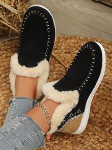 Women's Fluffy Flat Slip-On Sneakers, Comfortable With Warm Fuzzy Lining, Casual Cozy Shoes For Winter - Black - View 2