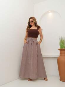 AMY FASHION STRIPED LENGTH SKIRT WITH SLIT AND BAG, THICK WAIST, 2025 FASHION - Coffee Brown - View 9