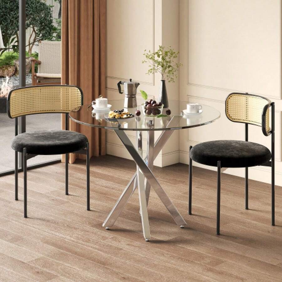 Dining Table Set (Including Dining Table And 2 Chairs), 80*80*75 Cm Tempered Glass Tabletop, Modern Dining Table, Galvanized Table Legs, Coffee Table, Black Dining Chairs, Silver Table Legs - Black,Silver - View 1