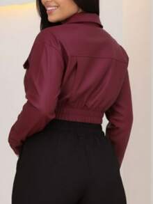 Women's Faux Leather Jacket Long Sleeve Front Pockets - 酒紅色 - 查看 2