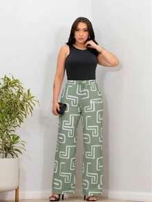 Duna Fabric Wide-Leg Pants - Green Pattern Labyrinth - View 1