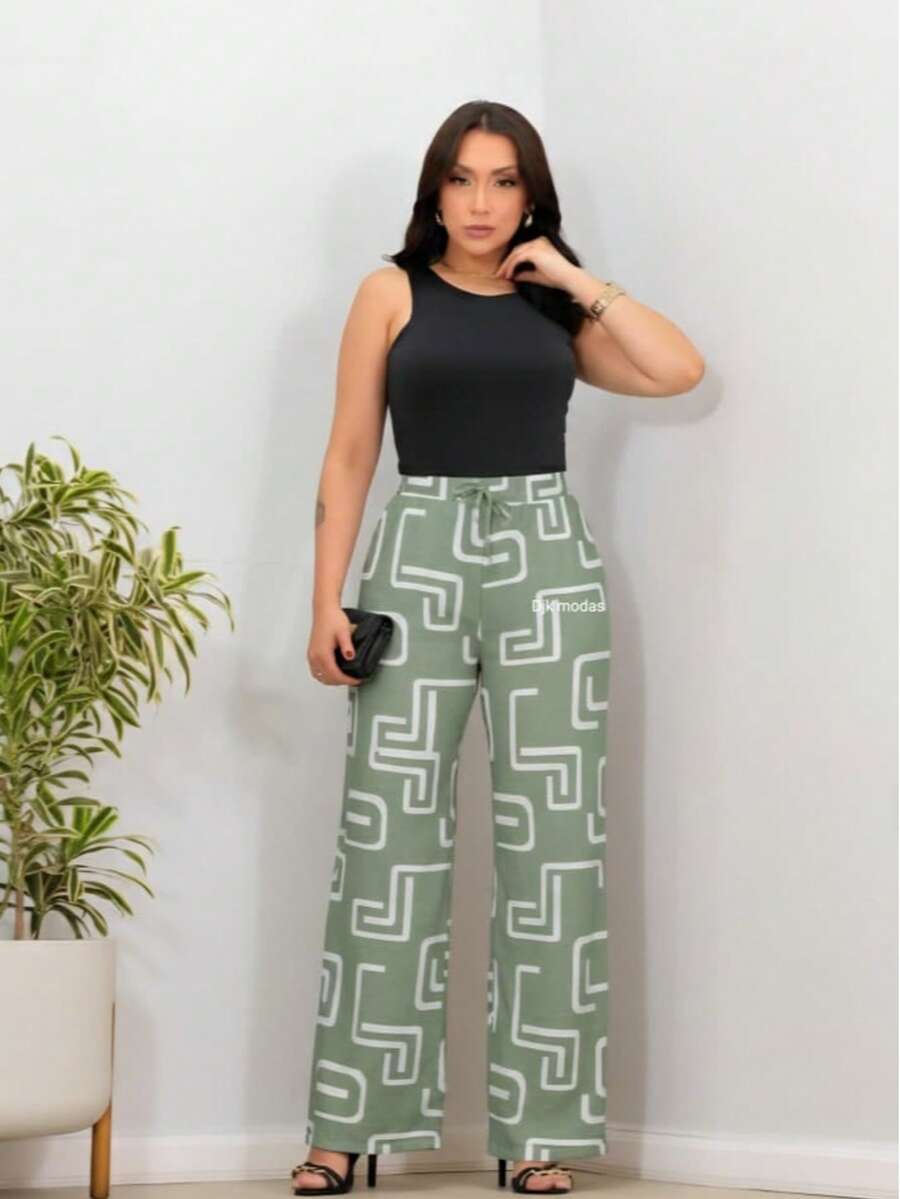 Duna Fabric Wide-Leg Pants - Green Pattern Labyrinth - View 1