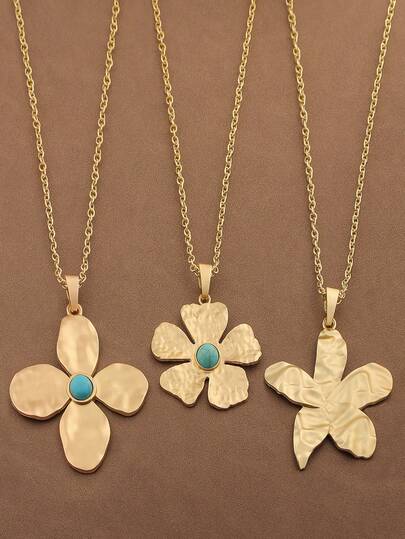 1 pezzo Collana alla moda con pendente a fiore grande di colore oro opaco stile boho, catena lunga 24"+2" estensibile, adatta per uso quotidiano delle donne