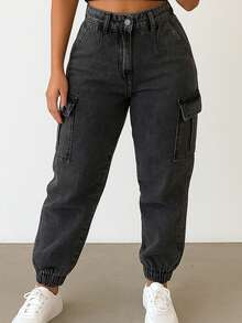 Women's Cargo Jeans Jogger High Waist Butt Lifting With Lycra Side Pockets Basic And Elegant - 大理石紋水洗 - 查看 1
