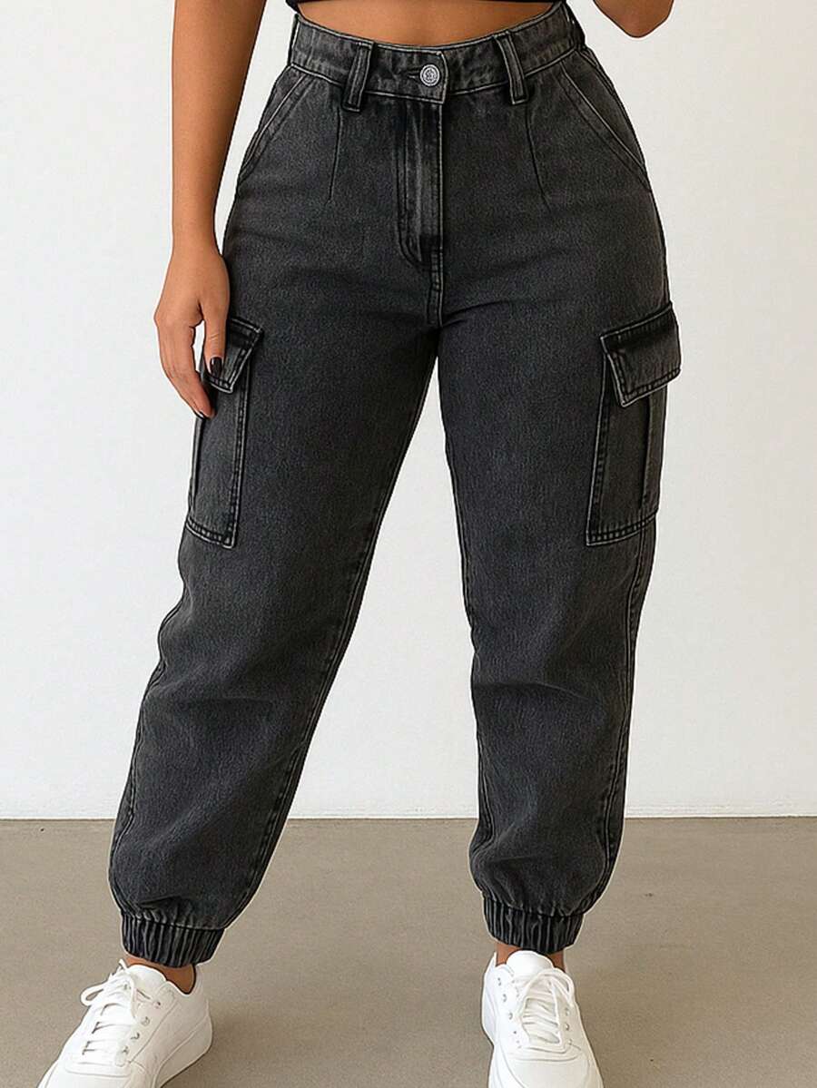Women's Cargo Jeans Jogger High Waist Butt Lifting With Lycra Side Pockets Basic And Elegant - 大理石紋水洗 - 查看 1
