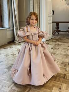 Young Girl's Pink Patchwork Bow Puff Sleeve Dress, Elegant Party Gown, Princess Dress Suitable For Girls' Birthday Party, Flower Girl Wedding, Bridesmaid, Prom, Luxury Evening Dress, Easter, Graduation - Pink - View 3