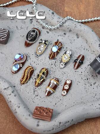 10pcs Almond Fake Nails Fall Designs, Design,Elegant 3D Rhinestone Decor,Silver Foil Glitter,Bowknot,Gold Chrome,Moonlight Stone,Chain,Junk Punk Style,Heart,Goth Nail Art,Acrylic Fake Nails Almond Winter Kit,Chrostmas Gift For Women & Girls, Includes Tool Kit, Suitable For Party, Dance, Daily Wear Press On Nails Nail Supplies Nails