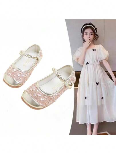 1 Đôi giày bệt Mary Jane phối sequin thời trang cho bé gái, thoải mái và bền, phù hợp cho mọi mùa.