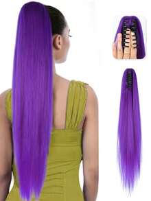 32英寸长马尾假发，长直马尾夹式爪形假发，自然逼真合成假发，女士深紫色耐热纤维夹式马尾假发 - 紫色 - 查看 9