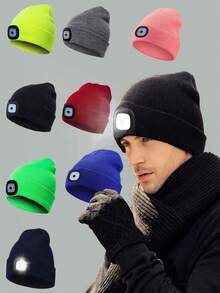 USB Rechargeable LED Knitted Beanie Hat, Unisex Warm Winter Cap With Headlamp, Knitted Night Light Hat With Flashlight - Single - View 3