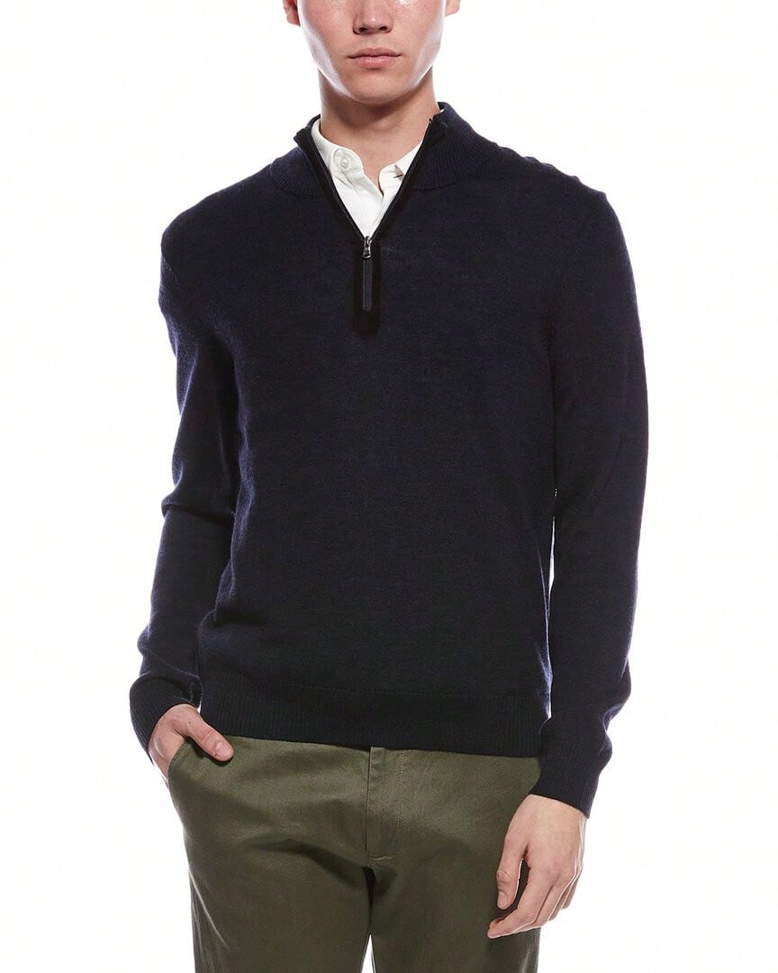 Bruno Magli Plaited 1/4-Zip Merino Wool Mock Neck Sweater - Navy - 查看 1