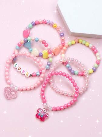 6pcs/Set Girls Cute Flower & Heart Charm Bracelet Jewelry Set, Beaded Children's Bracelet Accessories, Random Color, Suitable For Girls Party Gifts
