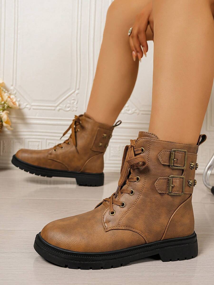 Botas femininas plus size, lançamento outono/inverno 2025, sola grossa, estilo britânico, com cadarço. - Castanho - Ver 1