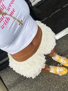 Y2K Ballet Style Summer Sweet Elastic Waist White Multi-Layer Ruffled Lace Trim Slim Fit Mini Shorts Beach Vacation Festival - White - View 2