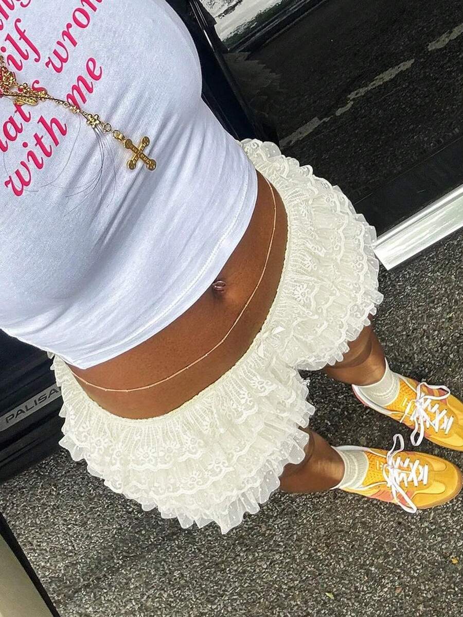 Quần short mini ôm sát kiểu ballet Y2K, cạp chun co giãn, nhiều lớp ren xếp nếp, màu trắng, thích hợp cho kỳ nghỉ hè ở bãi biển. - trắng - Xem 1