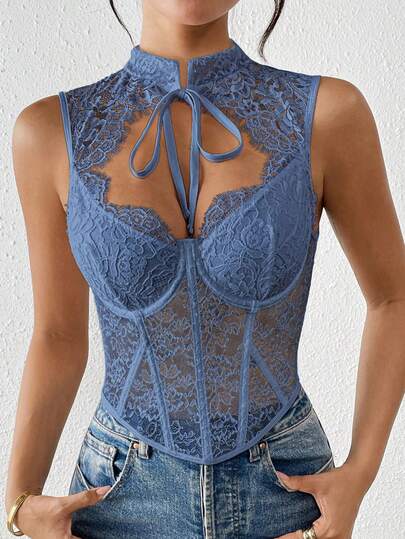 EZNV 1 pieza Corset con parte superior de encaje y espina de pescado, cinturilla de corsé