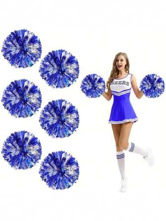 2pcs Blue And Silver Cheerleading Pom Poms - High-Index Plastic, Suitable For Dancing, Sports Events And Festive Occasions