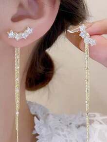 1 Pair Sparkling Star Tassel Earrings, Luxury Fully Paved Long Earrings For Women, Shiny Party & Evening Fairy Style Accessory