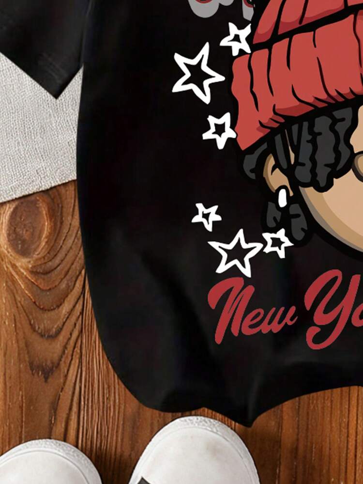 Cartoon Character & Slogan Print Round Neck Short Sleeve Casual T-Shirt For Boys - Black - View 6