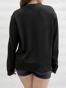 Camiseta de manga larga con caída en los hombros de unicolor negro, talla grande, holgada y casual - Negro - Ver 6